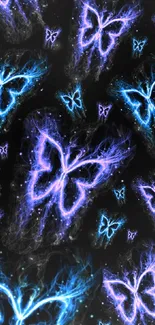 Vibrant neon butterflies on a dark background wallpaper.