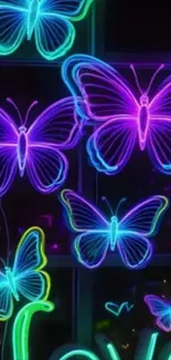 Neon butterflies glowing on a dark background.