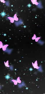 Neon pink butterflies on a starlit black background, perfect for phone wallpaper.