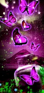 Purple neon butterflies in a mystical landscape with glowing effects.