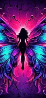 Silhouette of a girl with vibrant, neon butterfly wings on a dark background.