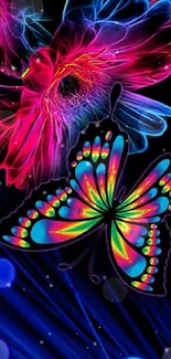 Neon butterfly and floral design on a dark background wallpaper.