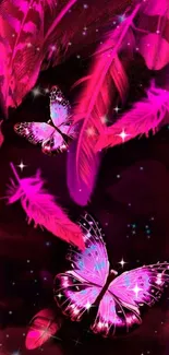 Neon pink butterflies with feathers on a dark background.