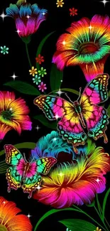 Neon butterflies and flowers on black background wallpaper.