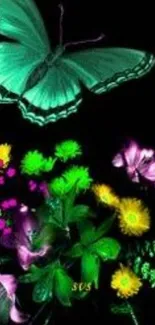 Neon butterfly and flowers with a dark background.