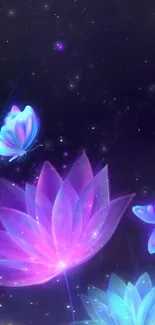 Neon flowers and butterflies on a dark mystical background.