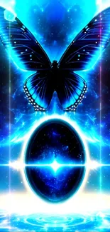 Neon blue butterfly with cosmic egg in galaxy background.