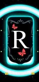 Bold 'R' initial with neon glow and butterflies on a black background.