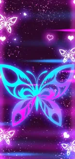 Vibrant neon butterfly wallpaper with pink and blue glowing design.