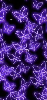 Neon butterflies glowing on a dark background.