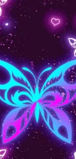 Vibrant neon butterfly wallpaper with glowing hearts on a purple background.