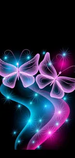 Colorful neon butterflies on a dark background for mobile wallpaper.