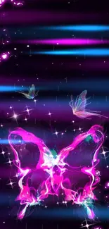 Vibrant neon butterfly wallpaper with pink glow.