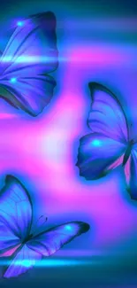 Neon butterflies glowing in blue and purple on a dark background.