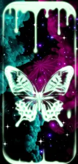 Neon butterfly with vibrant pink and turquoise background.