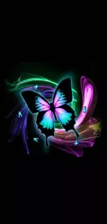 Vibrant neon butterfly against black background with colorful light trails.