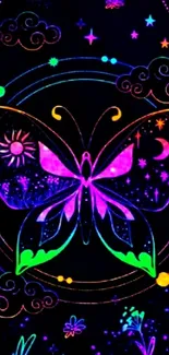 Neon butterfly on cosmic night sky.