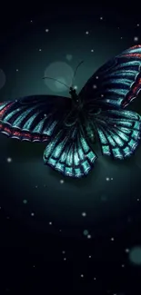 A neon butterfly glowing on a dark blue background.