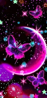 Neon wallpaper with butterflies, stars, and a moon.