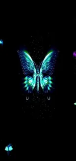 Neon butterfly glows on a dark black background with surrounding colors.