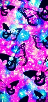 Neon butterfly skulls with vibrant pink and blue cosmic background.