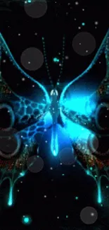 Neon butterfly glowing in dark cosmic background.