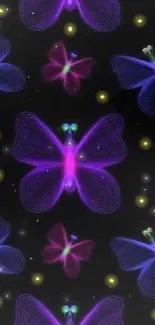 Neon butterflies on a dark background, vibrant and glowing for mobile wallpaper.