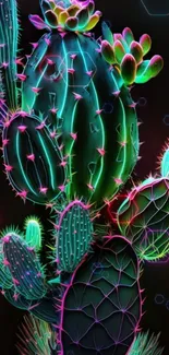 Neon cactus wallpaper with glowing colors and geometric shapes.