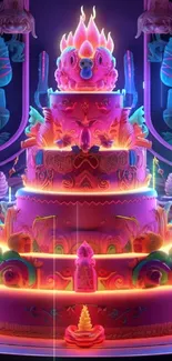 Neon cake in a mystical setting with vibrant colors and glowing details.