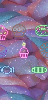 Neon-themed candy and cupcake wallpaper with vibrant colors.