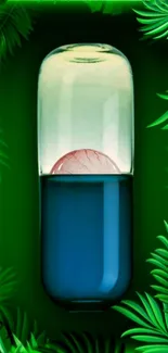 Neon capsule surrounded by green leaves on wallpaper.