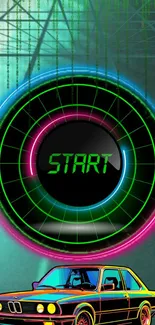 Neon-themed wallpaper with retro car and start button.