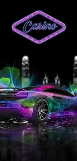 Sleek neon sports car with colorful light effects.