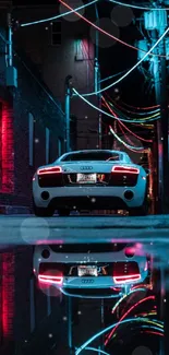 White car in neon-lit alley, reflecting city lights.