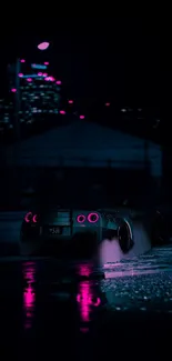 Neon-lit sports car in dark cityscape at night.