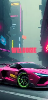 Neon sports car in futuristic city with vibrant signs.