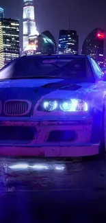 Neon-lit car in a futuristic cityscape at night.