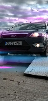 Car with neon lights under a dramatic cloudy sky.