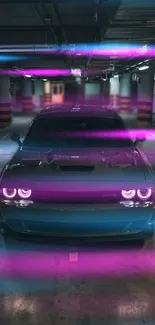 Sports car with neon lights in an urban garage setting, exuding a vibrant vibe.