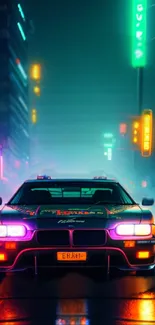 Neon-lit car in a cyberpunk cityscape with bright, colorful lights.