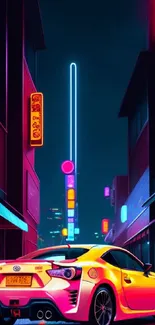 Neon sports car in a vibrant cityscape with glowing lights.