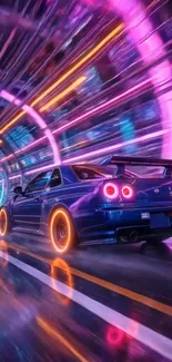 A blue car speeds through a neon-lit futuristic tunnel.
