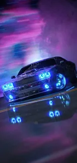 Neon-themed car drifting at night with vibrant purple and blue lights.