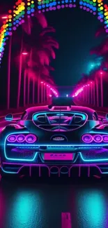 Neon car driving through a vibrant, palm-lined street at night.