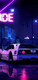 Neon-themed car parked under glowing city lights at night.