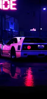 Neon-lit car in a rainy city nightscape wallpaper.