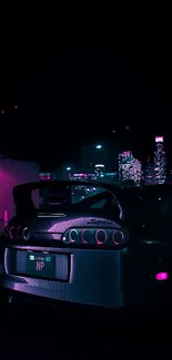 Neon-lit car with city skyline at night.