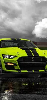 Neon green sports car on a rainy road with a cloudy sky in the background.