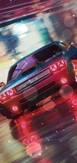 Mobile wallpaper featuring a neon car in a dynamic night racing scene.