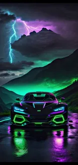 A neon sports car on a stormy, glowing mountain road.